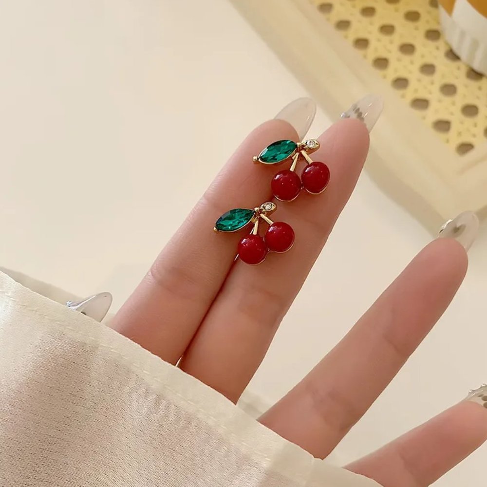 Gold Red Dark Cherry Fruit Stud Earrings NEW - Picture 4 of 6